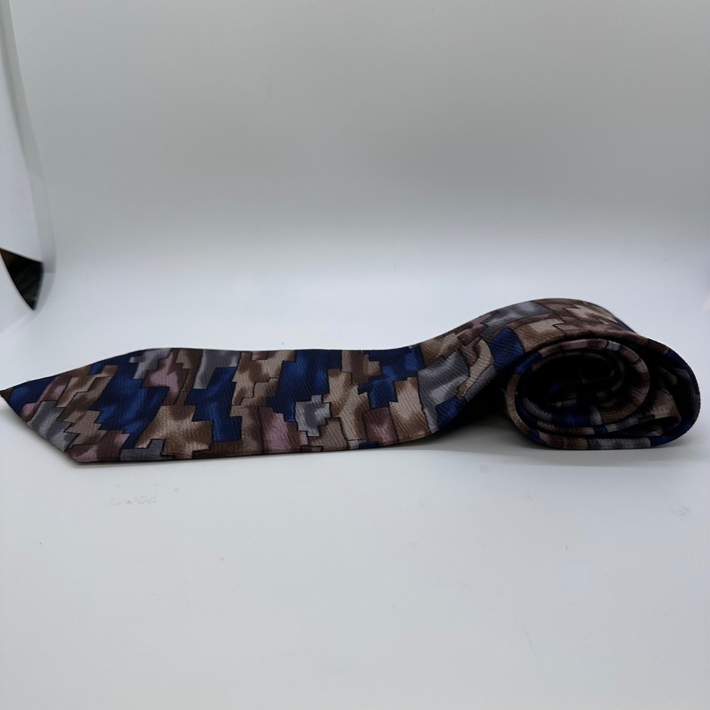 Fratello Necktie Blue Brown Abstract Geometric Pattern Silk Blend Tie - Picture 3 of 12